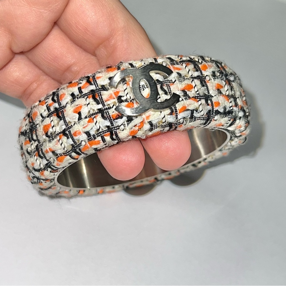 AUTH Chanel Orange Cream Tweed Bangle Bracelet Silver Metal CC Logo - Picture 5 of 11